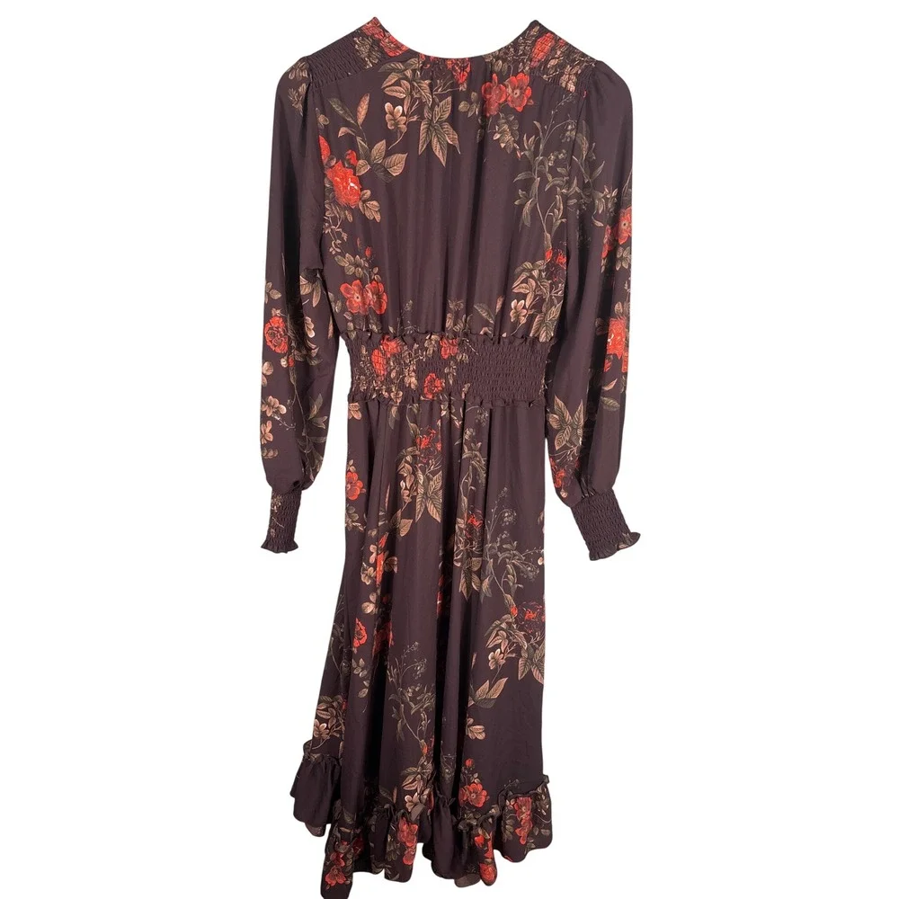 H&M Women's Size 6 Floral Smocked Brown Long Sleeve Ruffle Hem Boho Maxi Dress - Picture 3 of 13